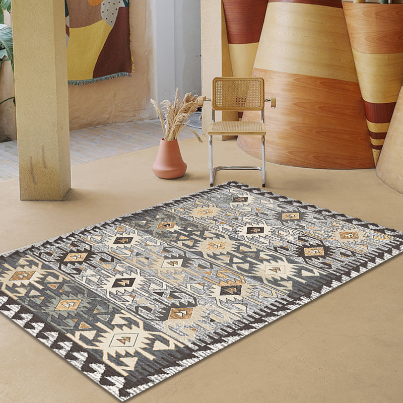 Sikunuo | Gray Tribal-Diamond Pattern Rug Polypropylene Bohemian Rug Washable Non-Slip Back Rug for Living Room