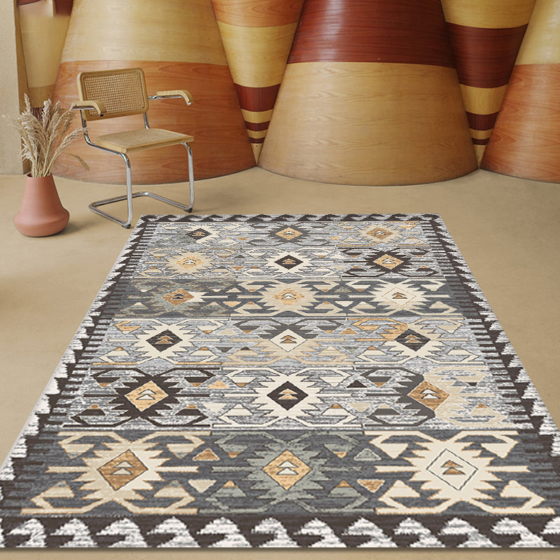 Sikunuo | Gray Tribal-Diamond Pattern Rug Polypropylene Bohemian Rug Washable Non-Slip Back Rug for Living Room