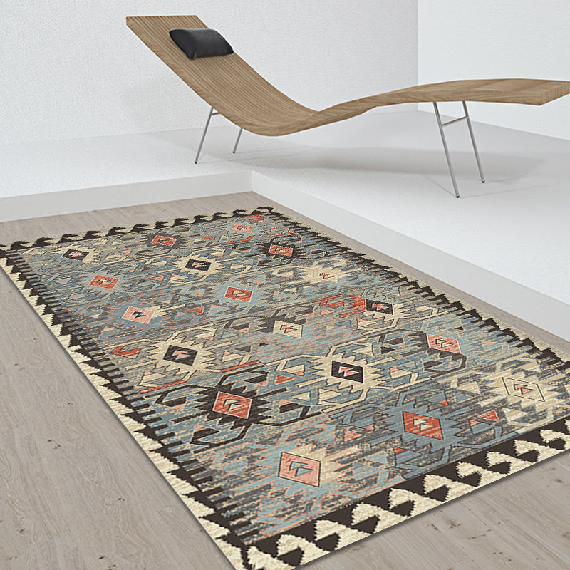 Sikunuo | Gray Tribal-Diamond Pattern Rug Polypropylene Bohemian Rug Washable Non-Slip Back Rug for Living Room