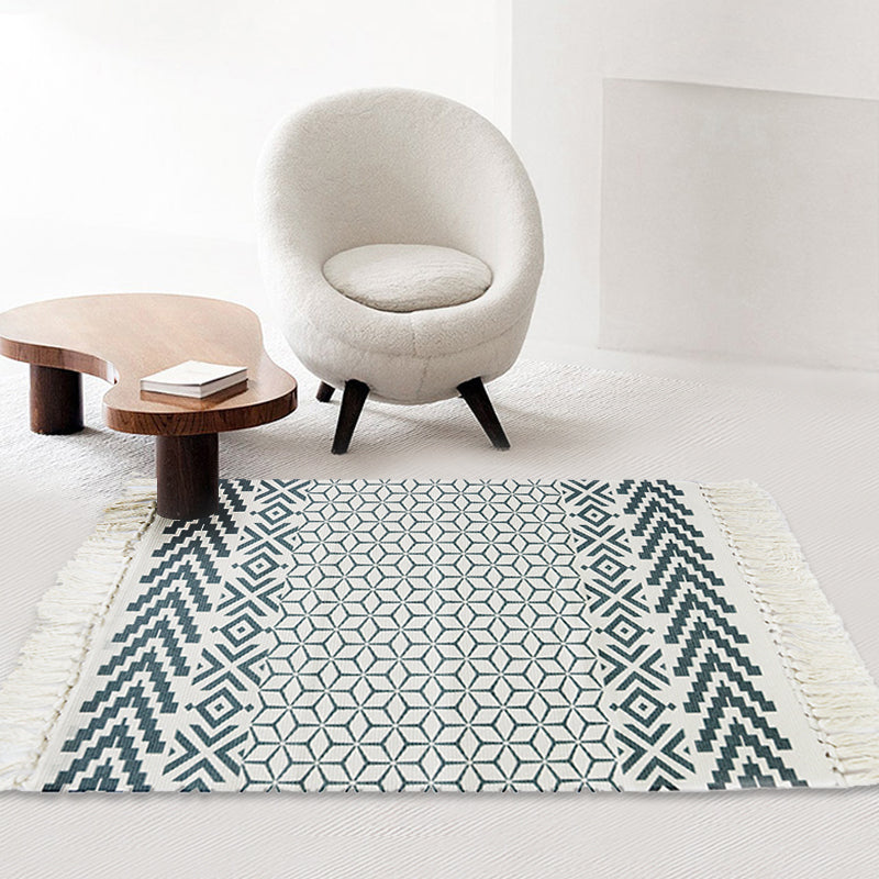 Sikunuo | White and blue bedroom rug southwest tribal pattern rug cotton non-slip back washable area rug