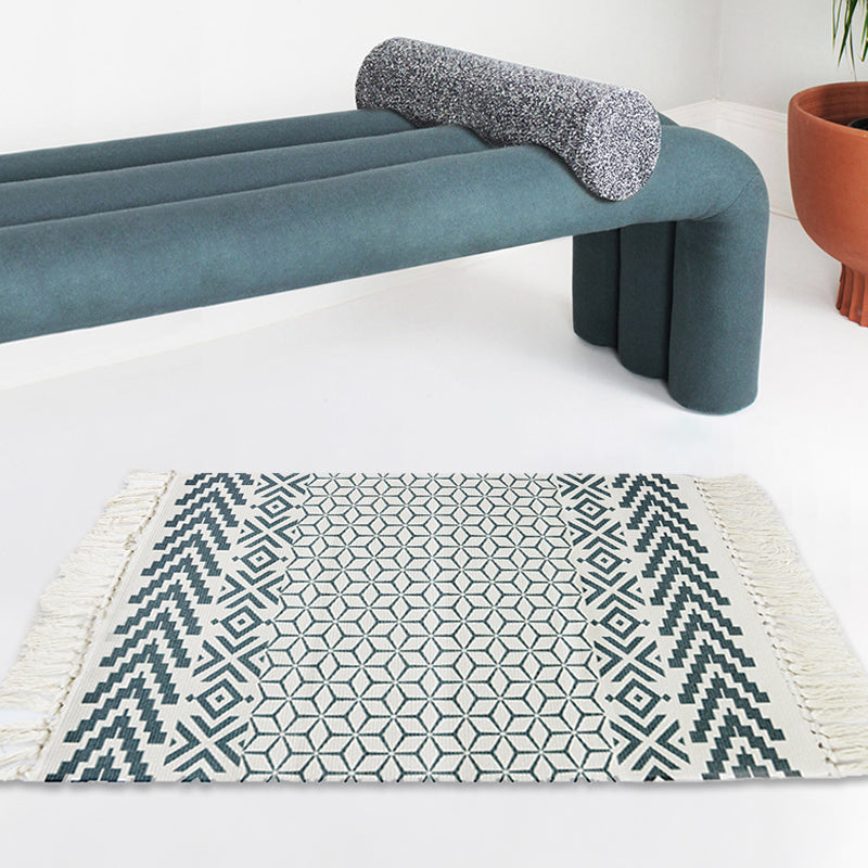 Sikunuo | White and blue bedroom rug southwest tribal pattern rug cotton non-slip back washable area rug