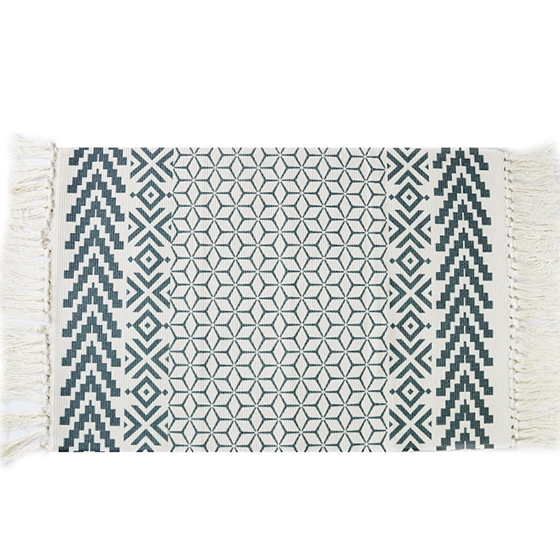 Sikunuo | White and blue bedroom rug southwest tribal pattern rug cotton non-slip back washable area rug