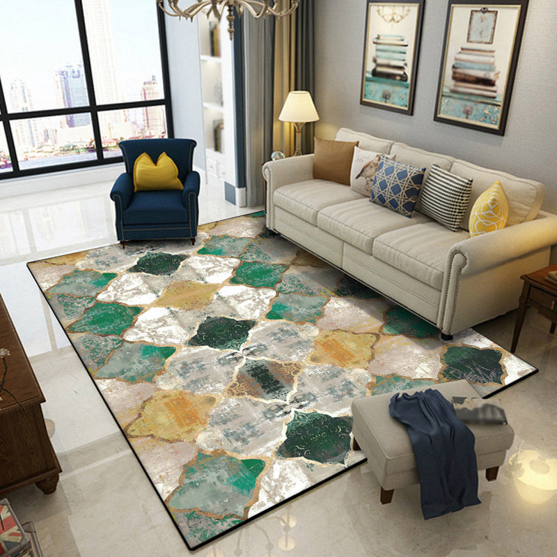Sikunuo | Green Parlor Rug Moroccan Albany Geometric Ogee Pattern Rug Polyester Machine Washable Non-Slip Rug