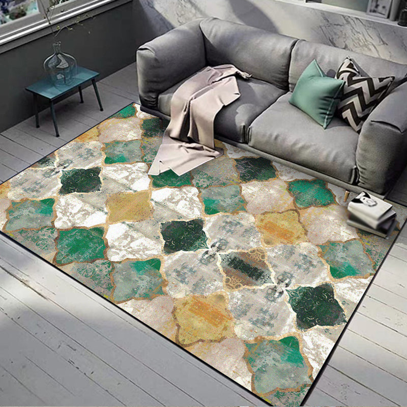Sikunuo | Green Parlor Rug Moroccan Albany Geometric Ogee Pattern Rug Polyester Machine Washable Non-Slip Rug