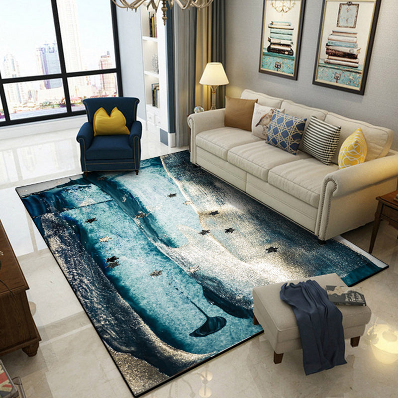 Sikunuo | Minimalist Abstract Star Pattern Carpet Blue Polyester Rug Non-Slip Pet-Friendly Washable Indoor Carpet for Decoration