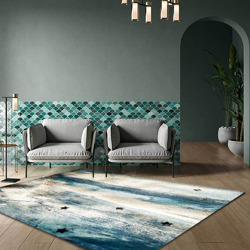 Sikunuo | Minimalist Abstract Star Pattern Carpet Blue Polyester Rug Non-Slip Pet-Friendly Washable Indoor Carpet for Decoration