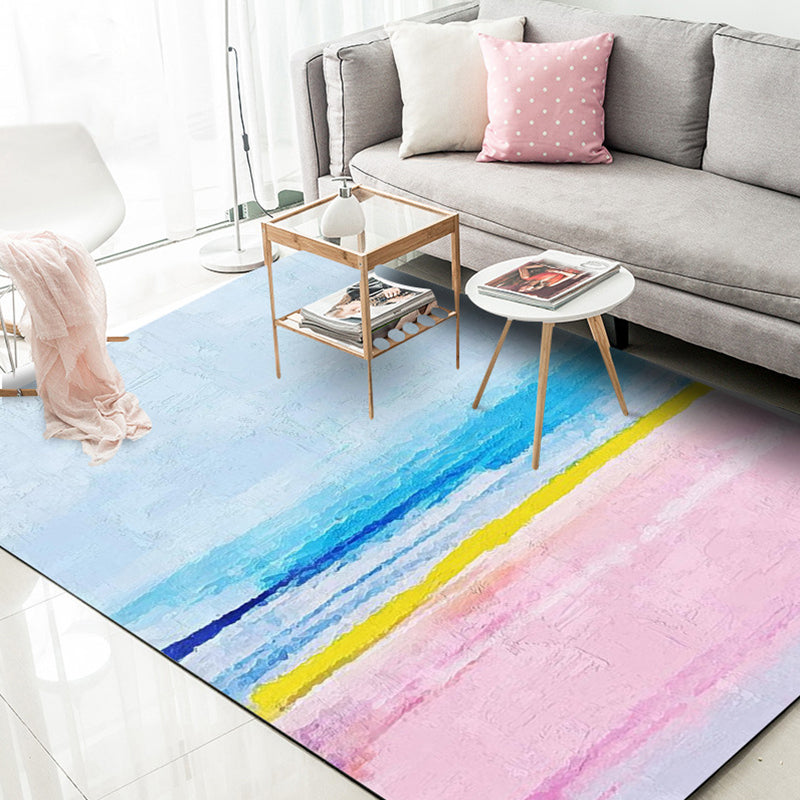 Sikunuo | Modernist Salon Rug Blue and Pink Abstract Rug Polyester Washable Non-slip Pet Friendly Area Rug