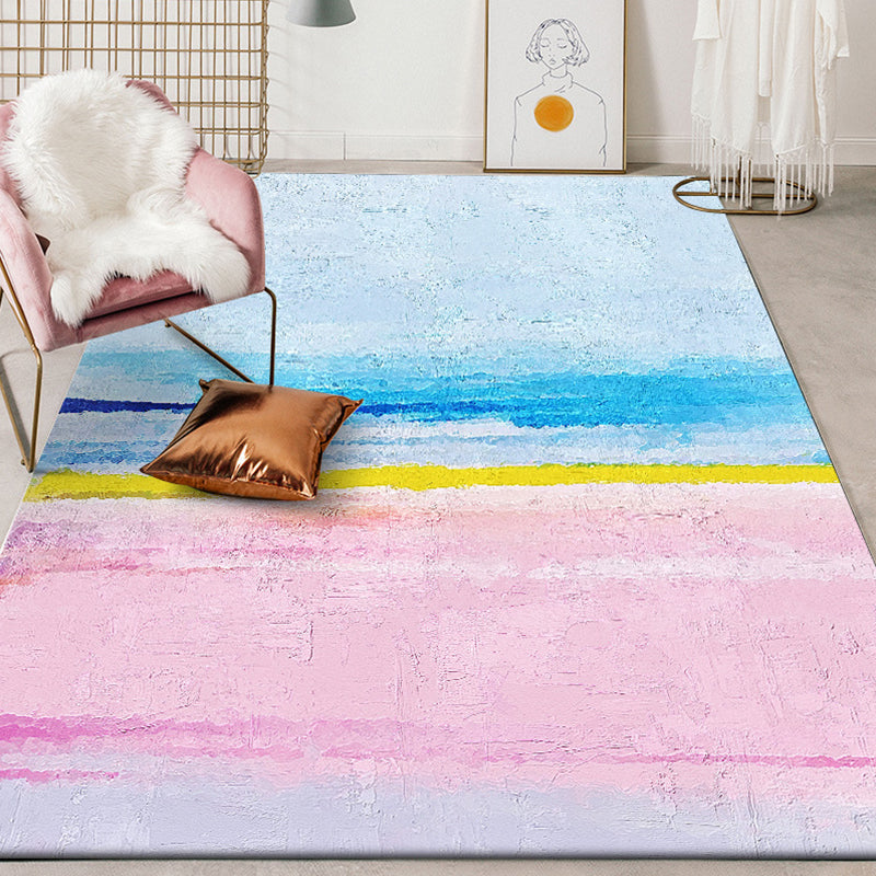 Sikunuo | Modernist Salon Rug Blue and Pink Abstract Rug Polyester Washable Non-slip Pet Friendly Area Rug