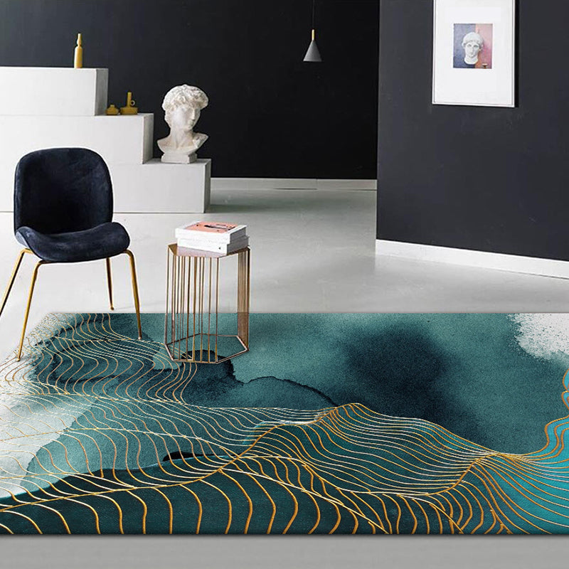 Sikunuo | Creative Green Industrial Carpet Polyester Abstract Swirl Striped Pattern Carpet Washable Non-Slip Backing Pet-Friendly Carpet for Decoration