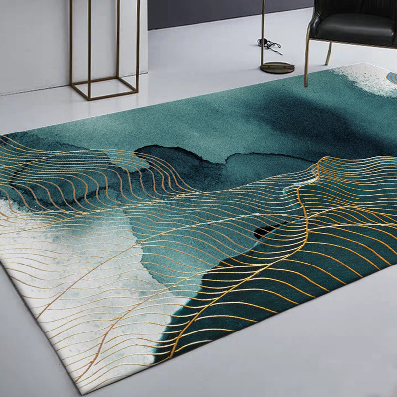 Sikunuo | Creative Green Industrial Carpet Polyester Abstract Swirl Striped Pattern Carpet Washable Non-Slip Backing Pet-Friendly Carpet for Decoration