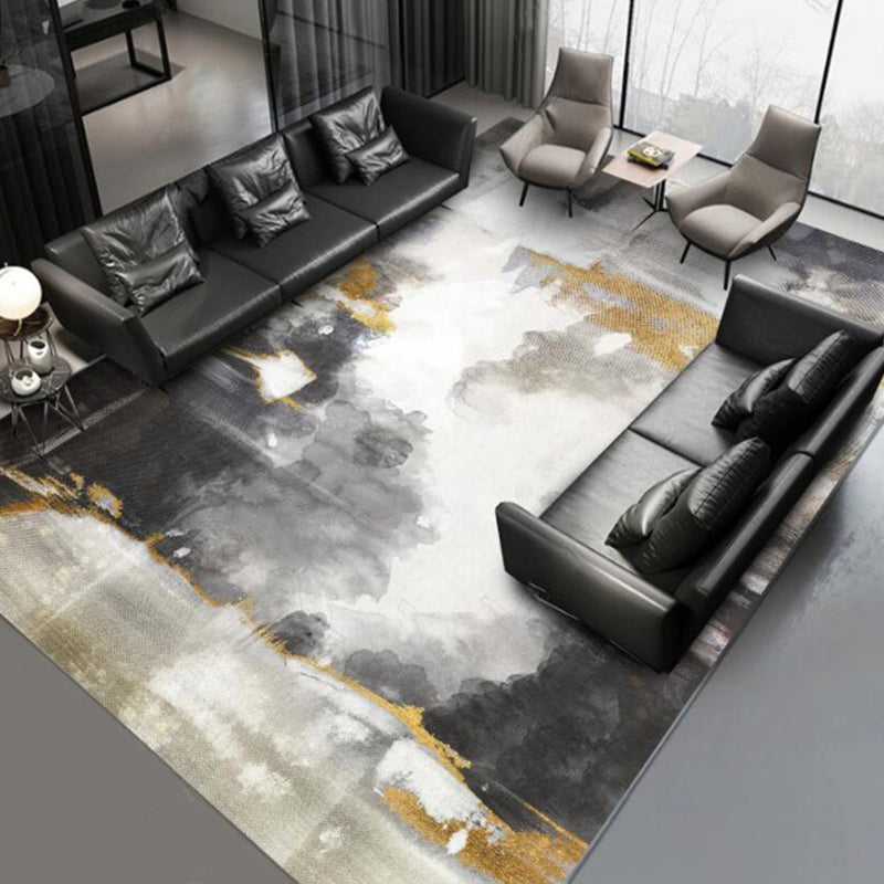 Sikunuo | Funky Abstract Watercolor Pattern Rug Black Simplicity Rug Polyester Washable Non-Slip Pet-Friendly Area Rug for Living Room