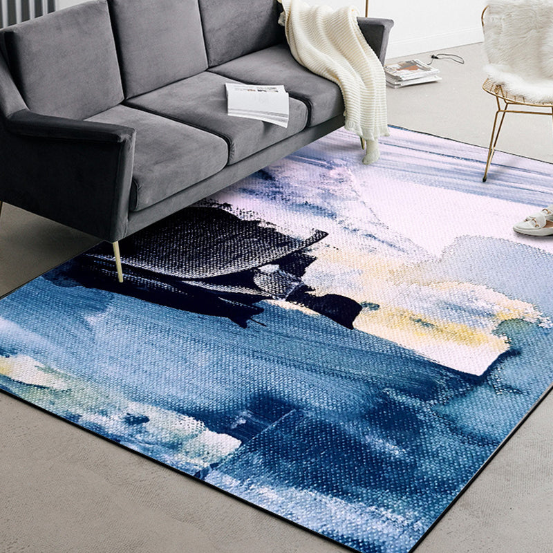 Sikunuo | Blue Living Room Rug Modernism Brush Stroke Pattern Rug Polyester Machine Washable Non-Slip Back Rug