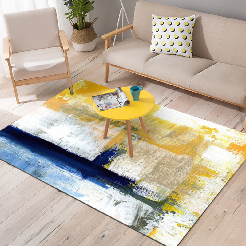 Sikunuo | Yellow Living Room Carpet Industrial Brushstroke Painting Pattern Carpet Polyester Machine Washable Non-Slip Back Carpet