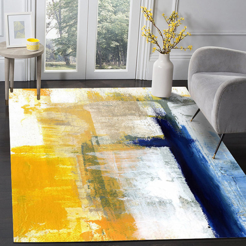Sikunuo | Yellow Living Room Carpet Industrial Brushstroke Painting Pattern Carpet Polyester Machine Washable Non-Slip Back Carpet