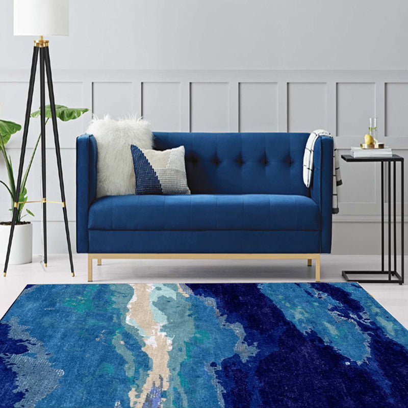 Sikunuo | Contemporary Area Rug Blue Abstract Carpet Polyester Washable Non-Slip Pet Friendly Area Rug