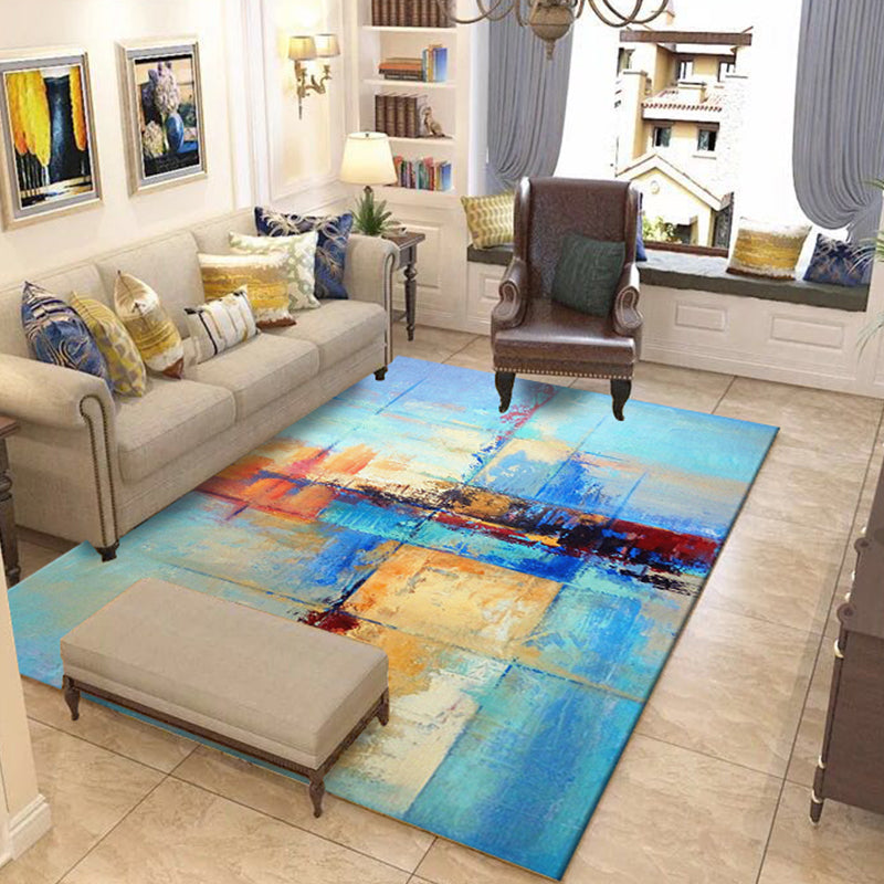Sikunuo | Green and Blue Industrial Area Rug Polyester Abstract Rug Pet-Friendly Washable Non-Slip Carpet for Bedroom
