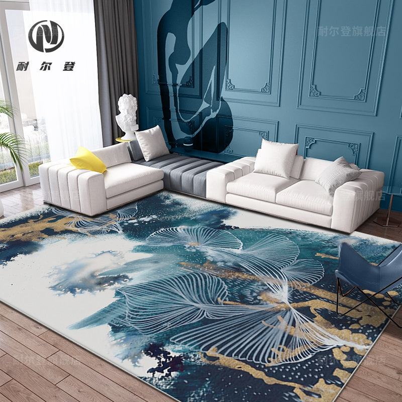 Sikunuo | Blue Modernism Rug Polyester Swirl Stripes and Watercolor Pattern Rug Pet-Friendly Washable Non-Slip Rug for Bedroom
