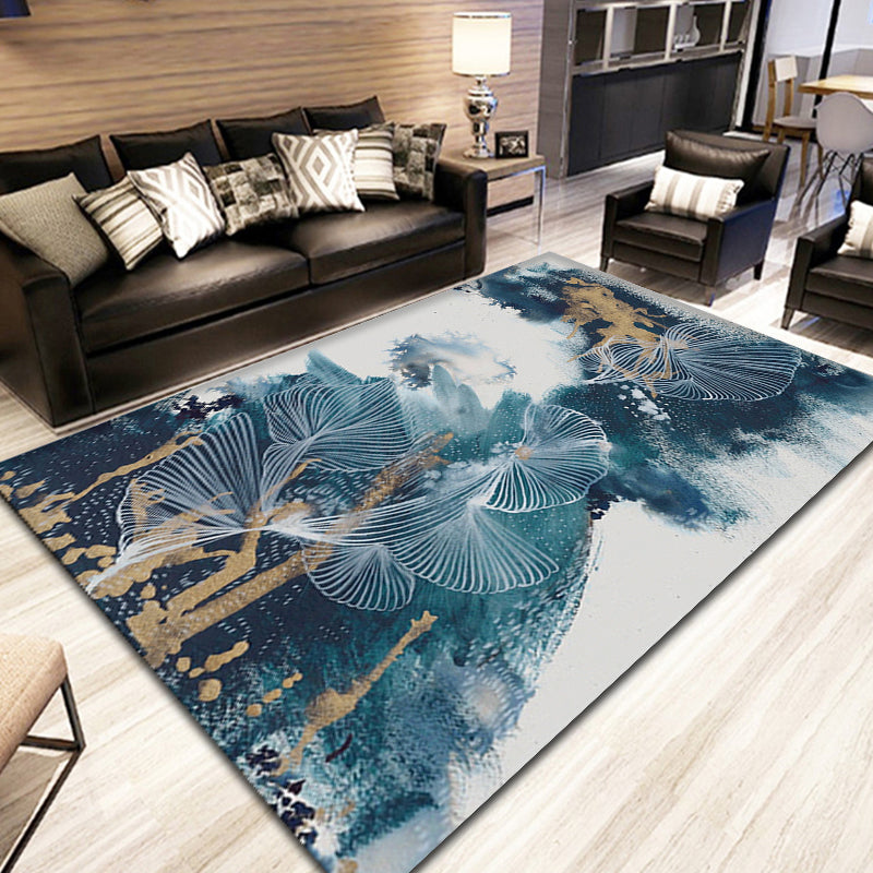 Sikunuo | Blue Modernism Rug Polyester Swirl Stripes and Watercolor Pattern Rug Pet-Friendly Washable Non-Slip Rug for Bedroom