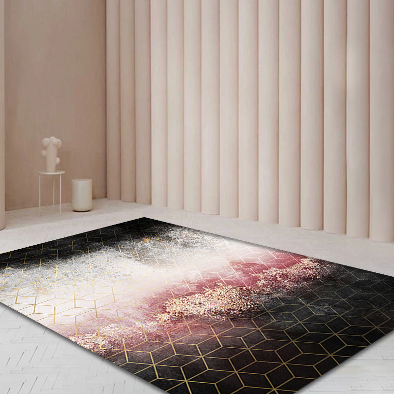 Sikunuo | Modern Living Room Rug Black and Pink Abstract Rug Polyester Machine Washable Non-Slip Backing Pet-Friendly Rug