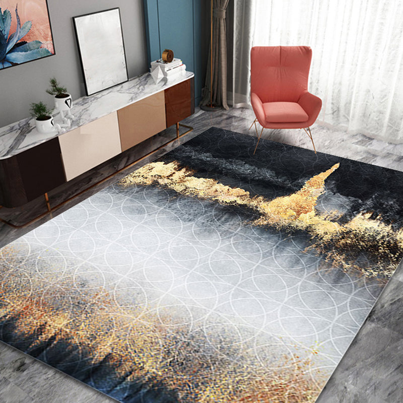 Sikunuo | Funky Abstract Rug Black and Gold Industrial Carpet Polyester Non-Slip Washable Pet-Friendly Area Rug for Living Room