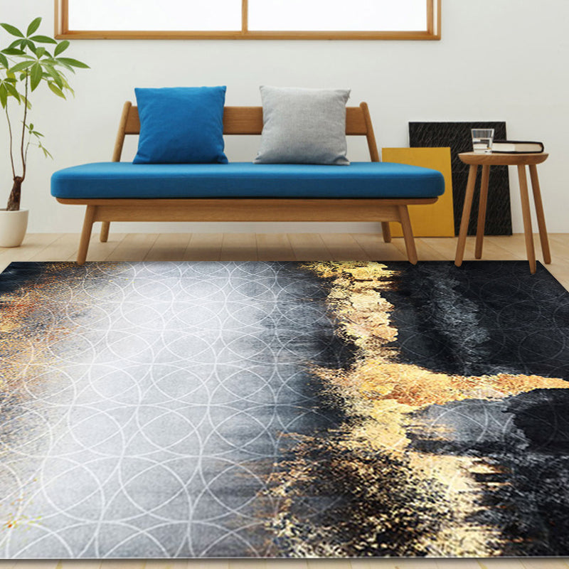 Sikunuo | Funky Abstract Rug Black and Gold Industrial Carpet Polyester Non-Slip Washable Pet-Friendly Area Rug for Living Room