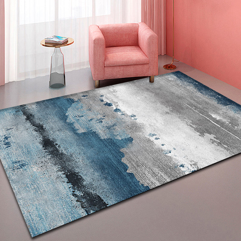 Sikunuo | Industrial Style Abstract Carpet Blue and Grey Polyester Rug Anti-Slip Backing Area Rug for Seating Area