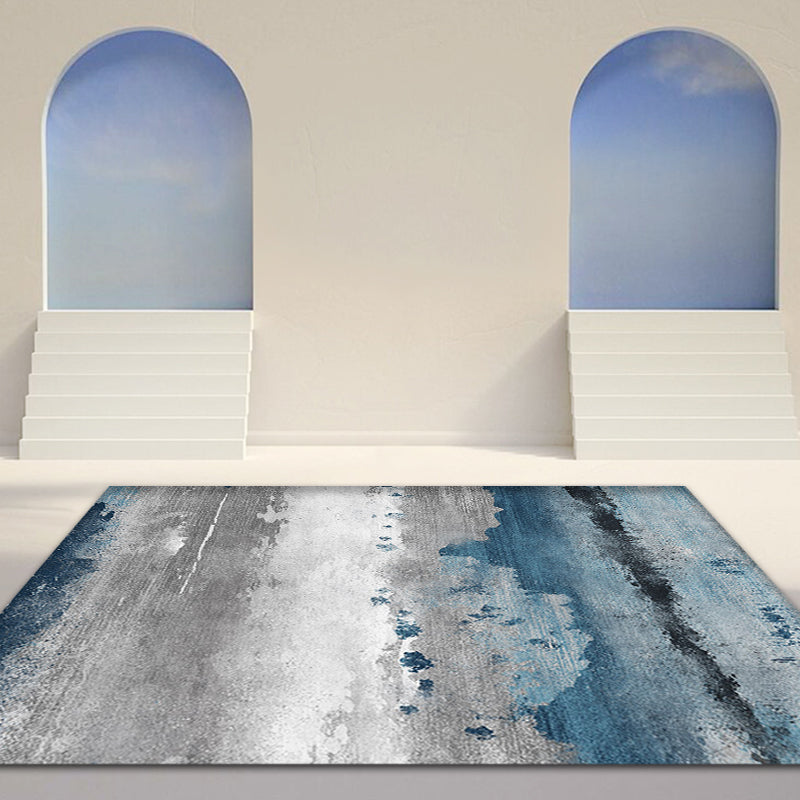Sikunuo | Industrial Style Abstract Carpet Blue and Grey Polyester Rug Anti-Slip Backing Area Rug for Seating Area