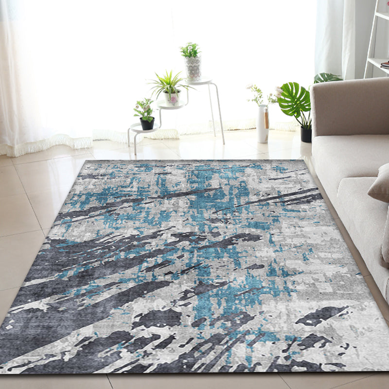 Sikunuo | Modern Parlour Rug Blue Abstract Rug Polyester Machine Washable Non-Slip Back Pet Friendly Indoor Rug