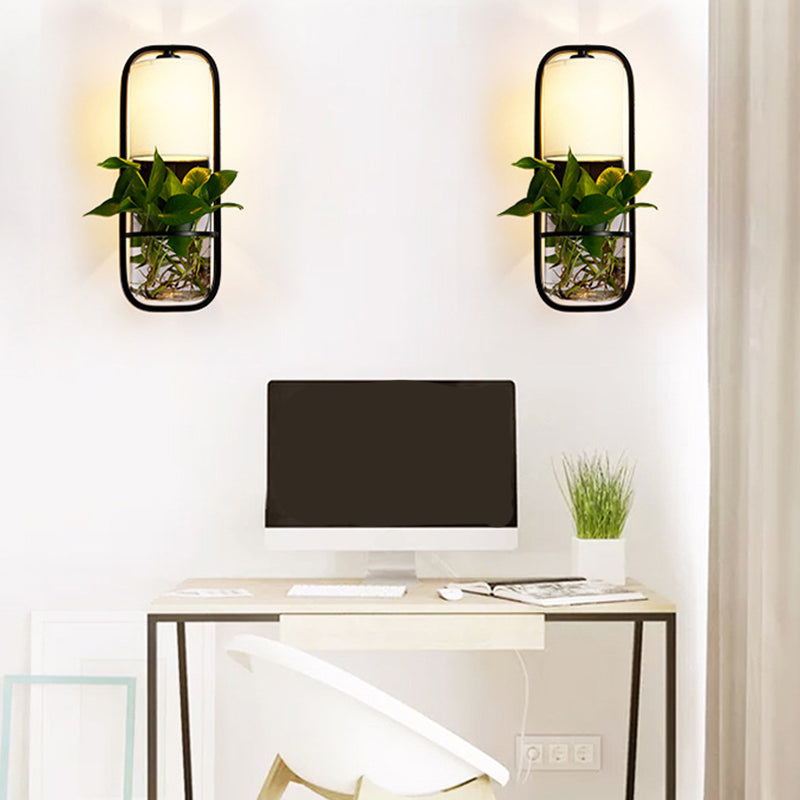 Sikunuo | 1 Bulb Cylindrical Wall Lamp Lodge Black/White/Gold Fabric Wall Light with Warm/White Light and Plant Pot