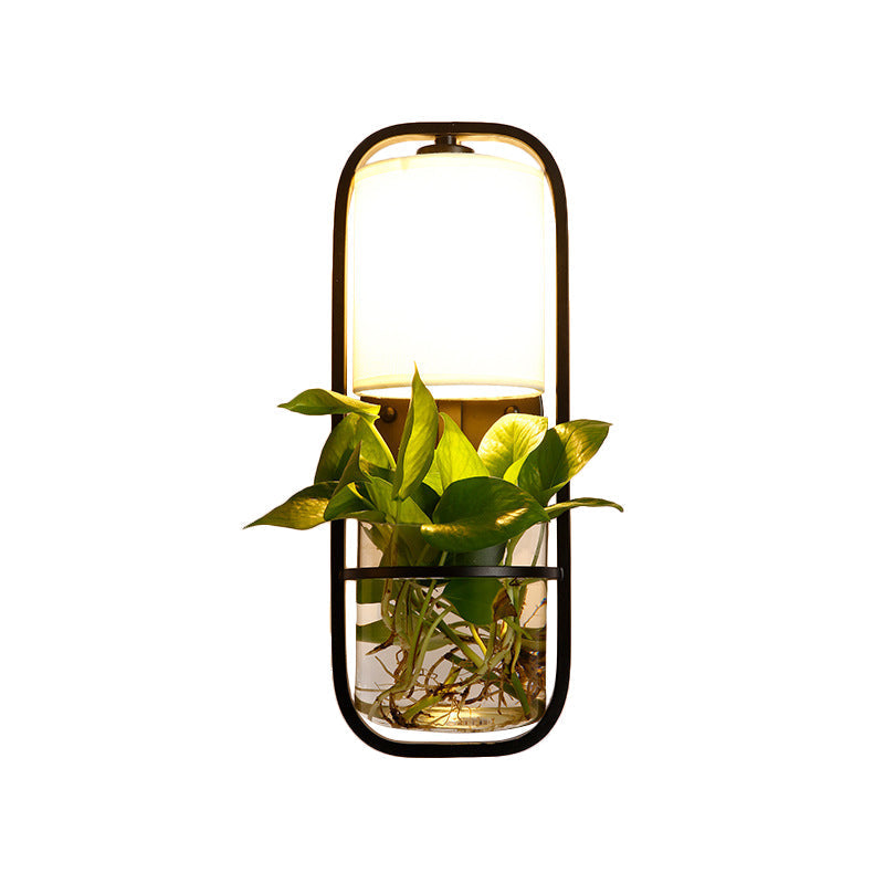Sikunuo | 1 Bulb Cylindrical Wall Lamp Lodge Black/White/Gold Fabric Wall Light with Warm/White Light and Plant Pot