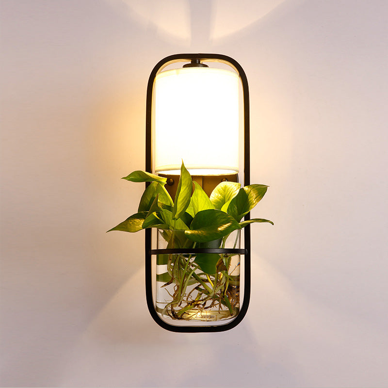 Sikunuo | 1 Bulb Cylindrical Wall Lamp Lodge Black/White/Gold Fabric Wall Light with Warm/White Light and Plant Pot