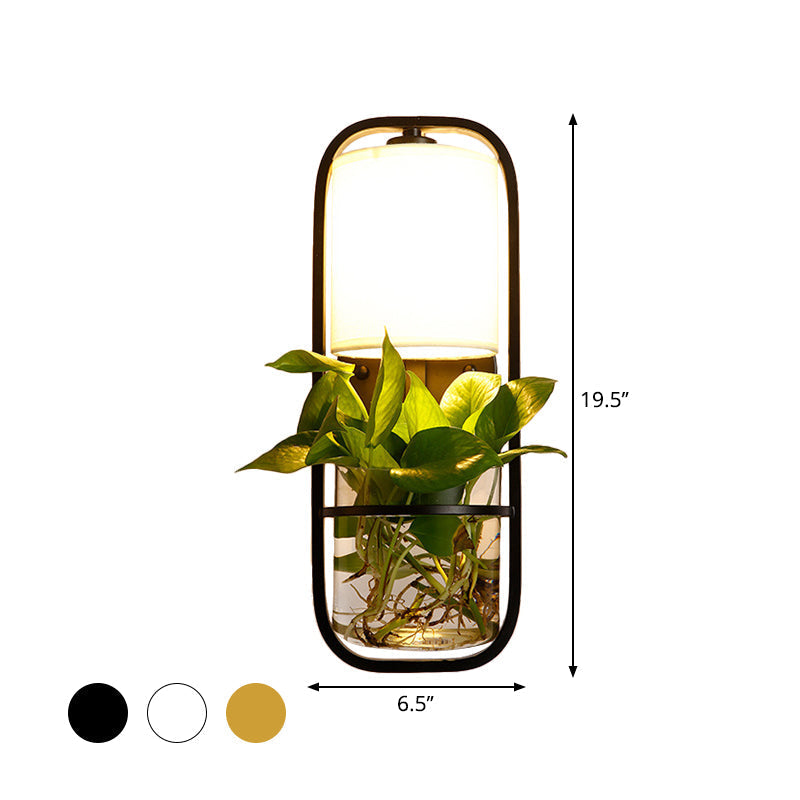 Sikunuo | 1 Bulb Cylindrical Wall Lamp Lodge Black/White/Gold Fabric Wall Light with Warm/White Light and Plant Pot