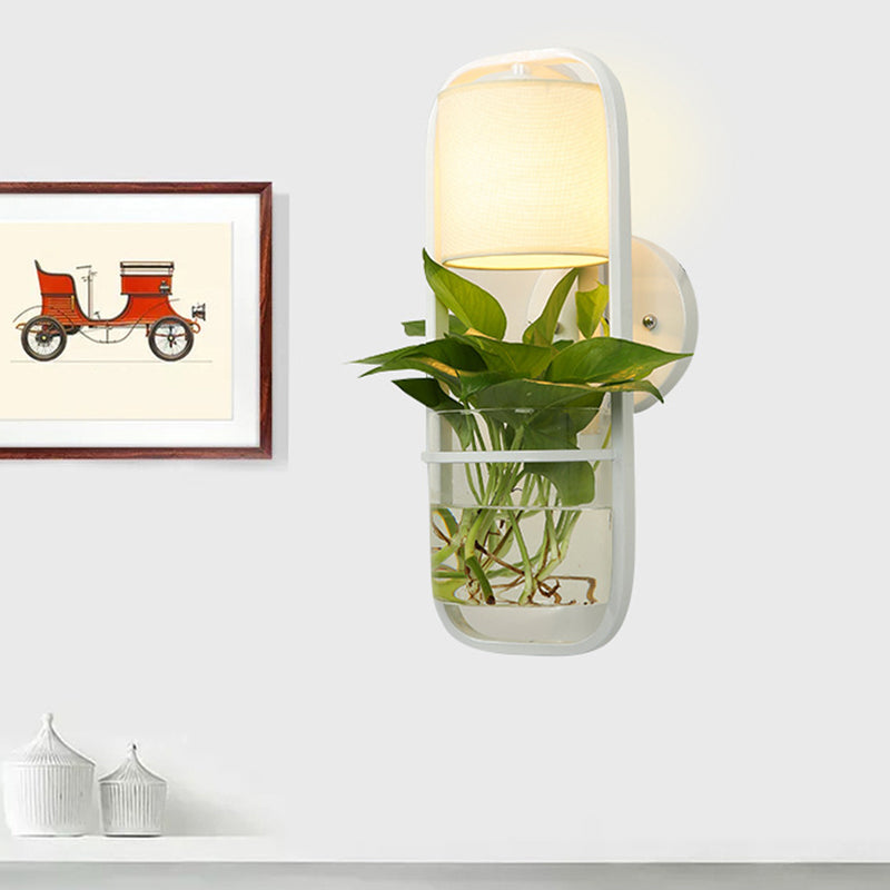 Sikunuo | 1 Bulb Cylindrical Wall Lamp Lodge Black/White/Gold Fabric Wall Light with Warm/White Light and Plant Pot