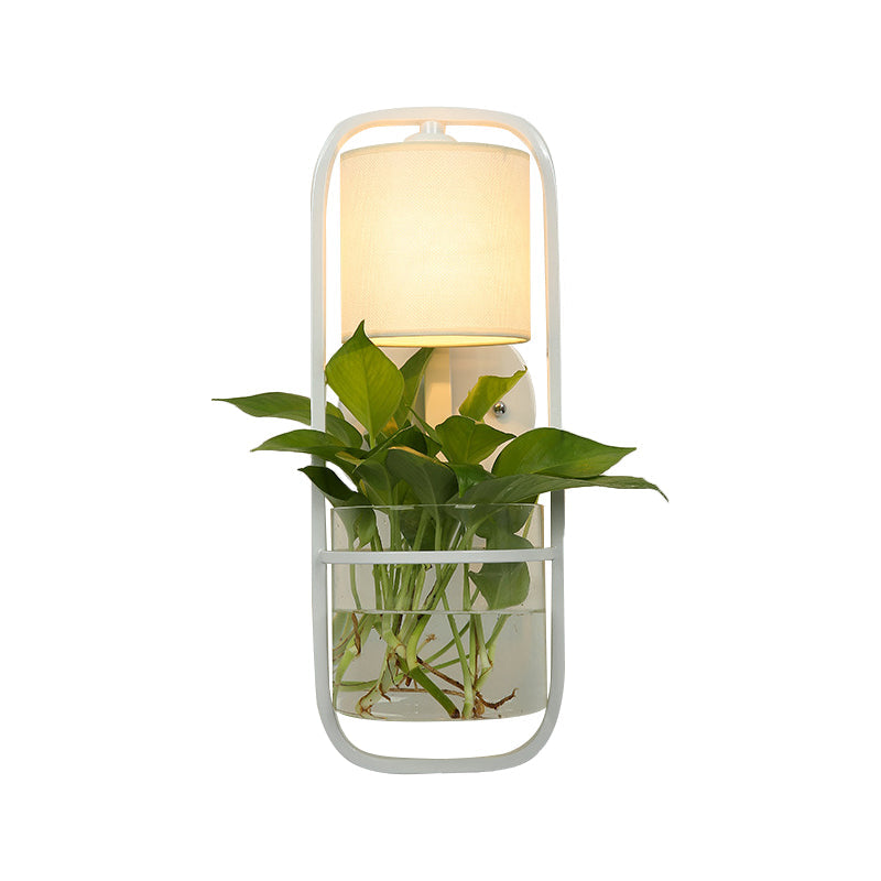 Sikunuo | 1 Bulb Cylindrical Wall Lamp Lodge Black/White/Gold Fabric Wall Light with Warm/White Light and Plant Pot