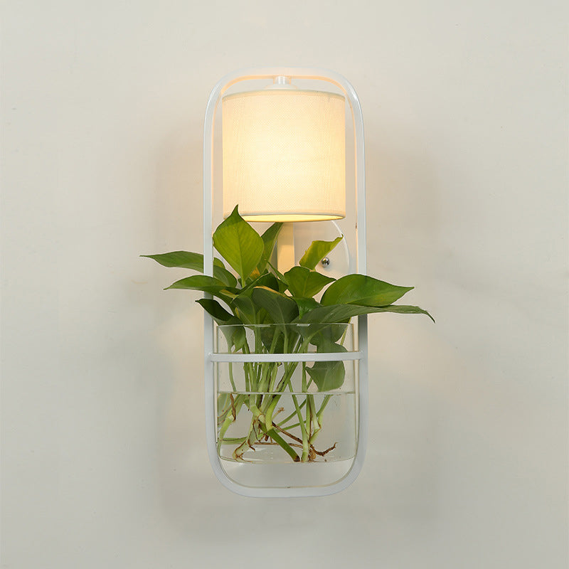Sikunuo | 1 Bulb Cylindrical Wall Lamp Lodge Black/White/Gold Fabric Wall Light with Warm/White Light and Plant Pot