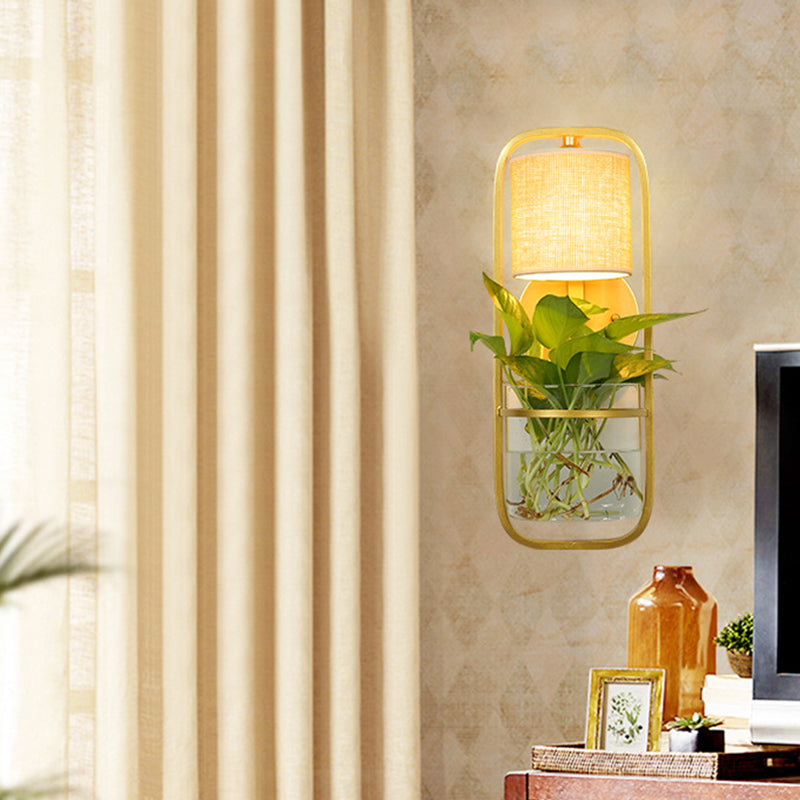 Sikunuo | 1 Bulb Cylindrical Wall Lamp Lodge Black/White/Gold Fabric Wall Light with Warm/White Light and Plant Pot
