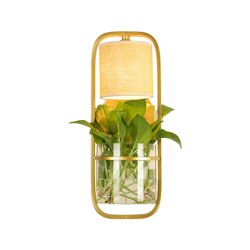 Sikunuo | 1 Bulb Cylindrical Wall Lamp Lodge Black/White/Gold Fabric Wall Light with Warm/White Light and Plant Pot