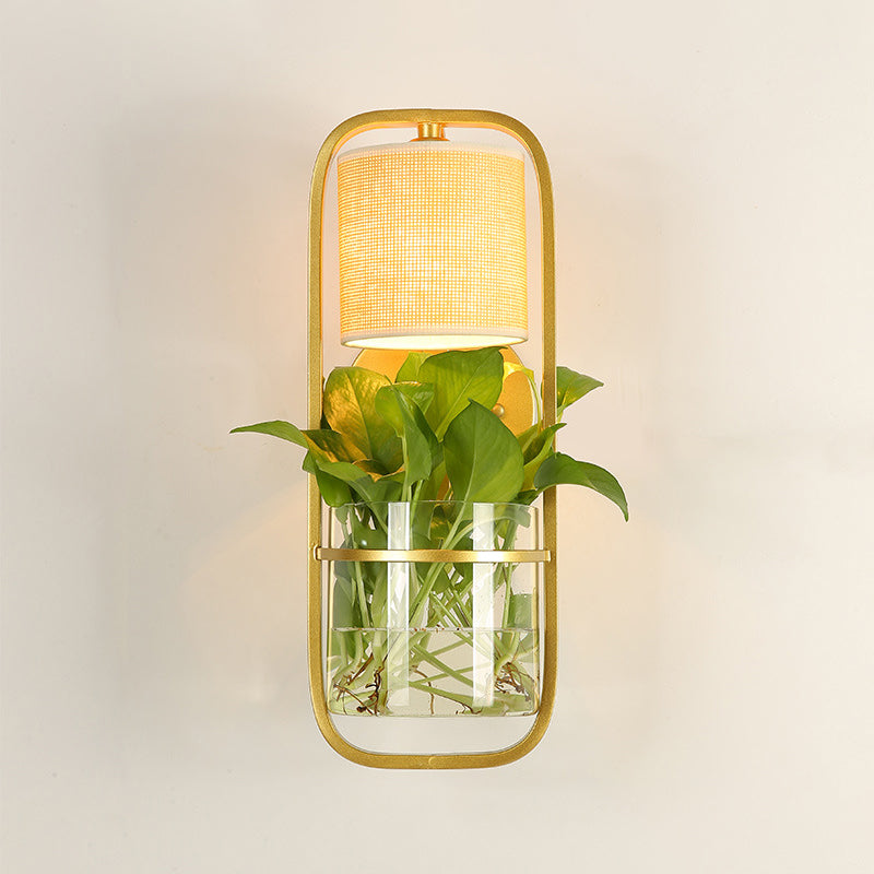 Sikunuo | 1 Bulb Cylindrical Wall Lamp Lodge Black/White/Gold Fabric Wall Light with Warm/White Light and Plant Pot