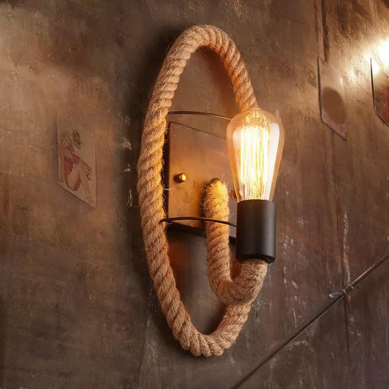 Sikunuo | Single rope wrapped wall light farmhouse brown oval/round dining room wall mounted light with open lamp design