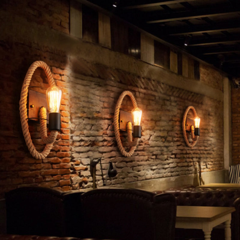 Sikunuo | Single rope wrapped wall light farmhouse brown oval/round dining room wall mounted light with open lamp design
