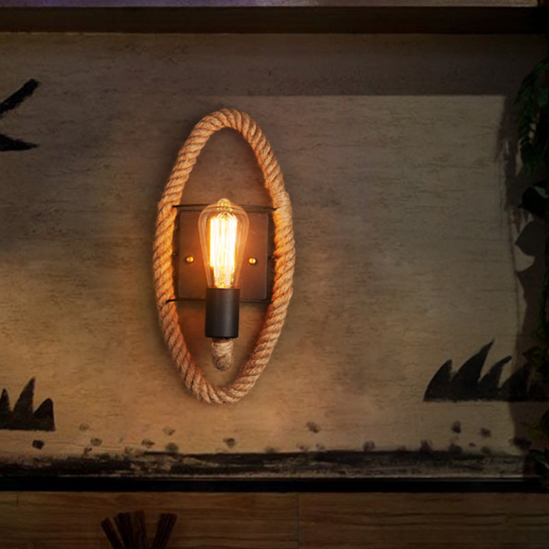 Sikunuo | Single rope wrapped wall light farmhouse brown oval/round dining room wall mounted light with open lamp design
