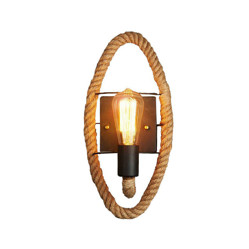 Sikunuo | Single rope wrapped wall light farmhouse brown oval/round dining room wall mounted light with open lamp design
