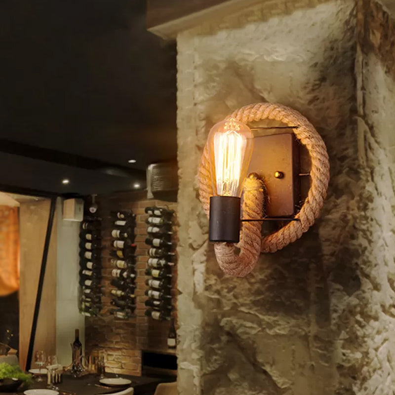 Sikunuo | Single rope wrapped wall light farmhouse brown oval/round dining room wall mounted light with open lamp design