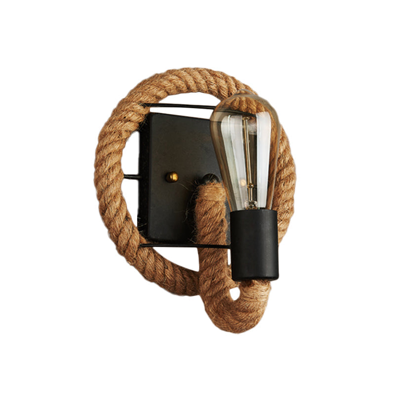Sikunuo | Single rope wrapped wall light farmhouse brown oval/round dining room wall mounted light with open lamp design