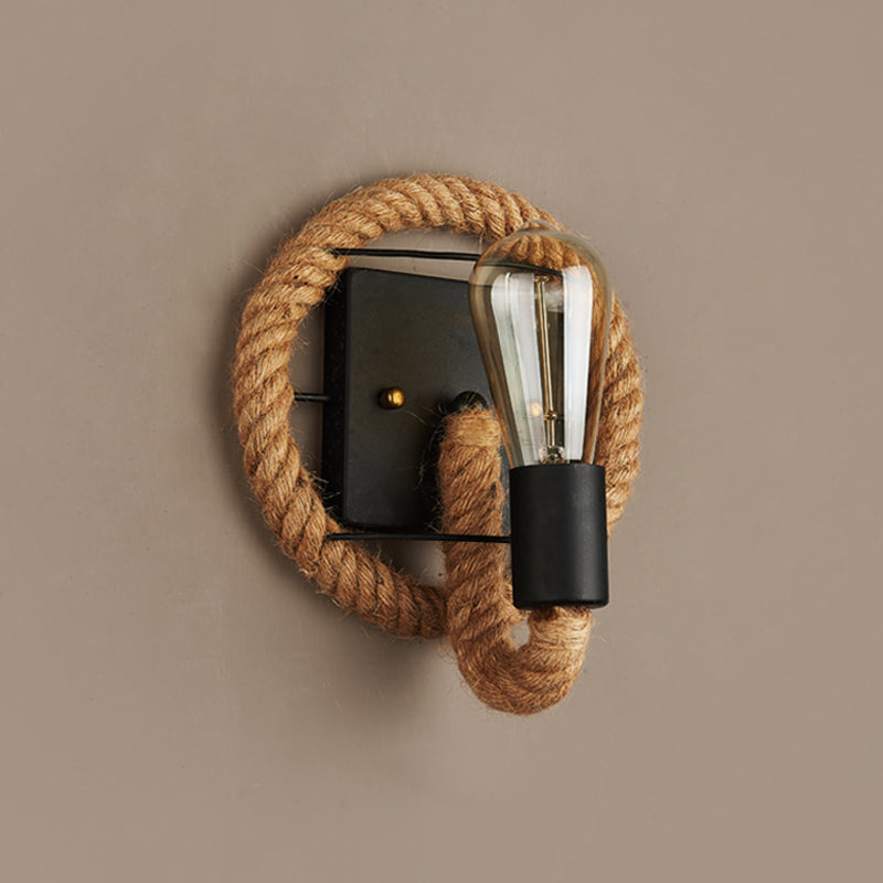 Sikunuo | Single rope wrapped wall light farmhouse brown oval/round dining room wall mounted light with open lamp design