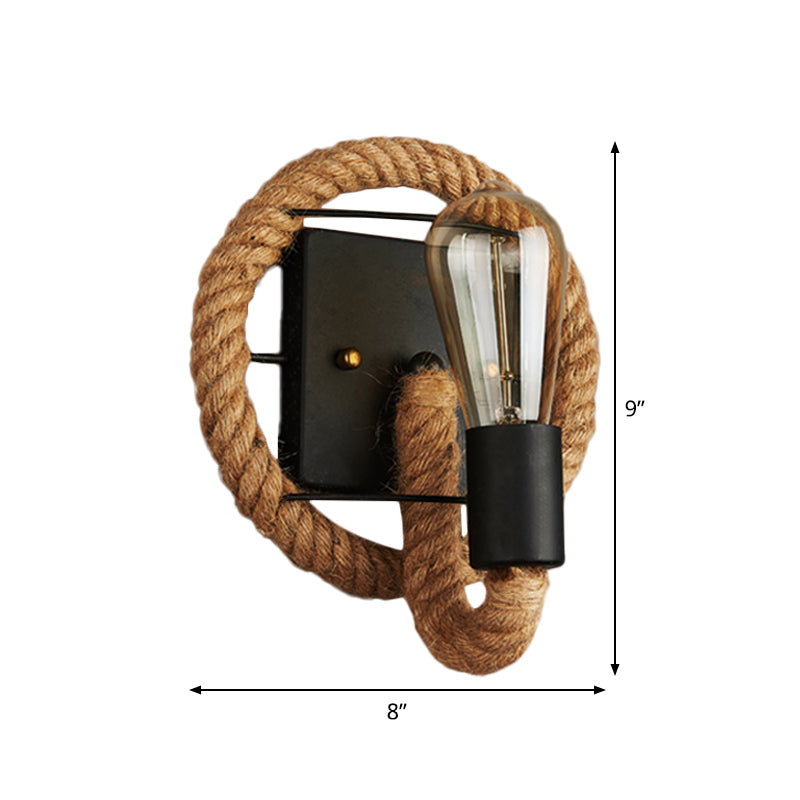 Sikunuo | Single rope wrapped wall light farmhouse brown oval/round dining room wall mounted light with open lamp design
