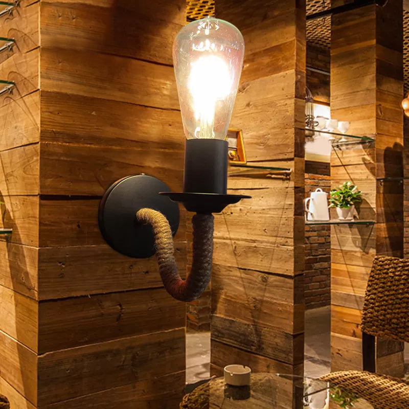 Sikunuo | Rope wrapping Arm Wall lamp Rustic 1 head Bathroom wall-mounted lamp with Open bulb design in Black