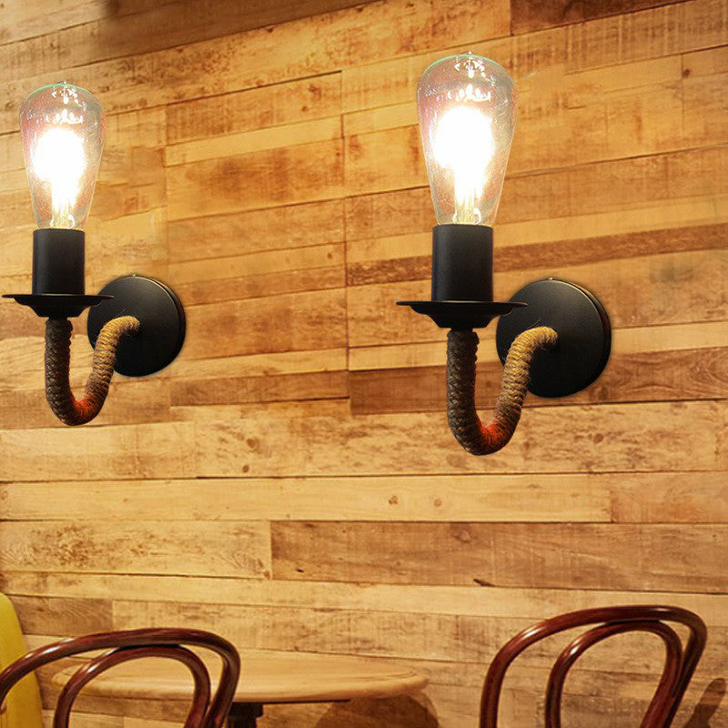 Sikunuo | Rope wrapping Arm Wall lamp Rustic 1 head Bathroom wall-mounted lamp with Open bulb design in Black