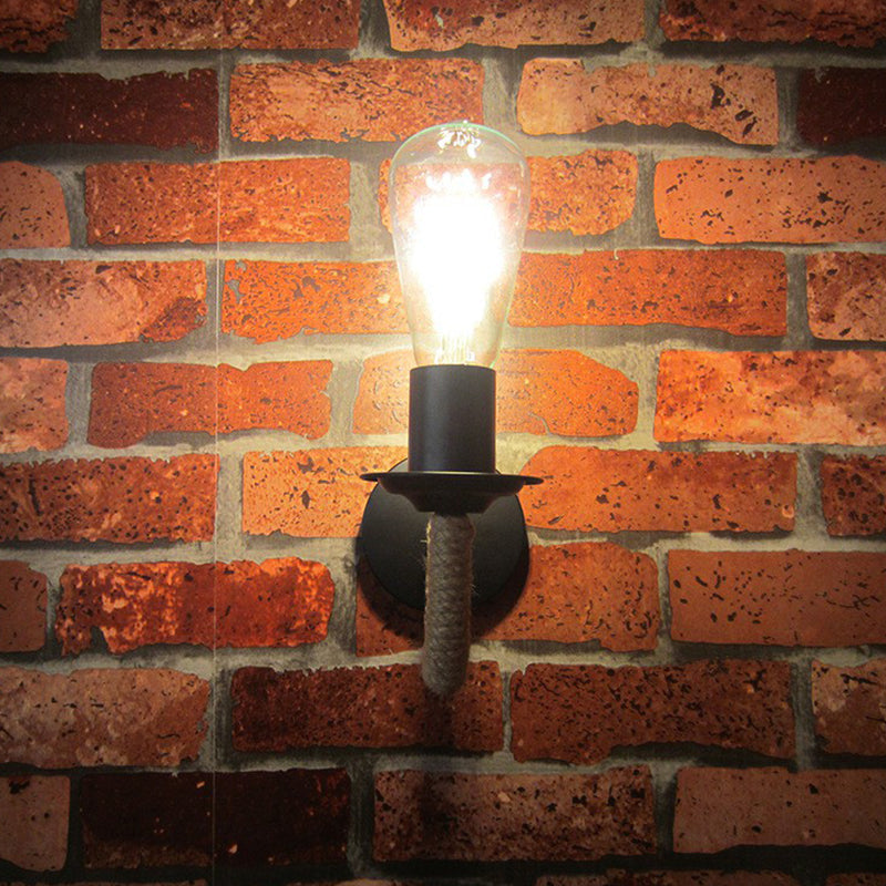 Sikunuo | Rope wrapping Arm Wall lamp Rustic 1 head Bathroom wall-mounted lamp with Open bulb design in Black