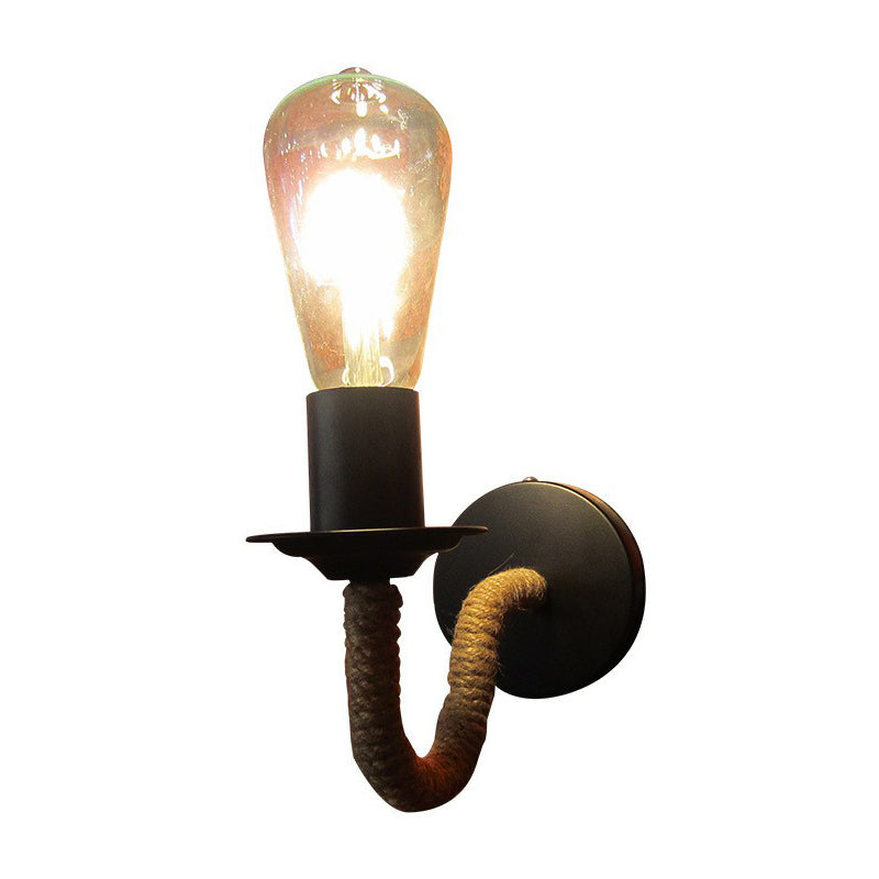 Sikunuo | Rope wrapping Arm Wall lamp Rustic 1 head Bathroom wall-mounted lamp with Open bulb design in Black